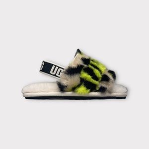 Ugg Fluff Yeah Faux Fur Green Black Cream Slides